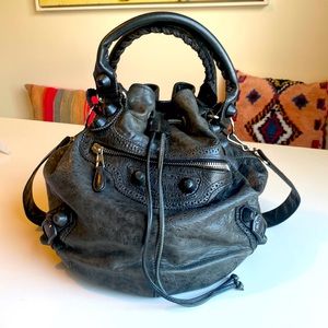 Balenciaga giant pompon black bucket handbag